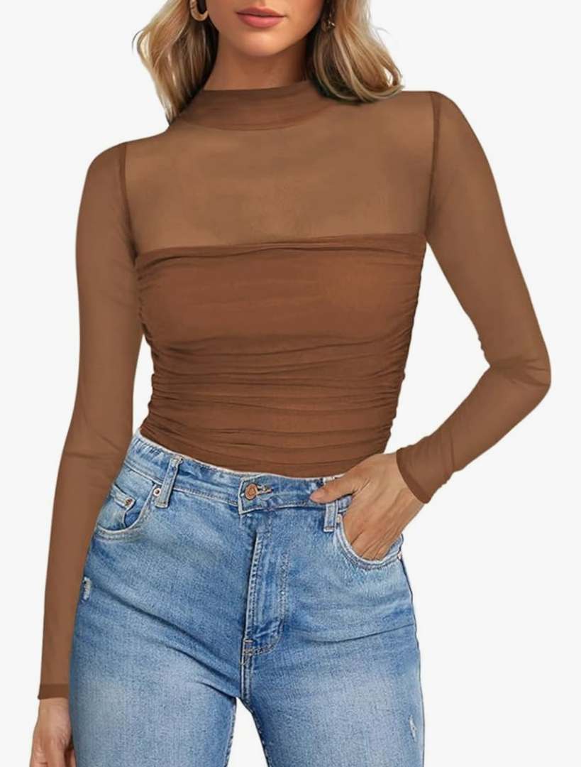 Poetsky Women's Sexy Sheer Long Sleeve Tops Mock Turtle Neck Mesh Ruched Fall Trendy Going Out Shirt Fitted Blouse 2026 Size L