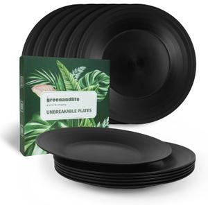 greenandlife 10inch/6pcs Dishwasher & Microwave Safe Wheat Straw Plates, Alternative for Plastic Plates, Lightweight Reusable Unbreakable Dinner Plates, Non-toxin, BPA Free for Kids Adults, Black (Black-Deep)