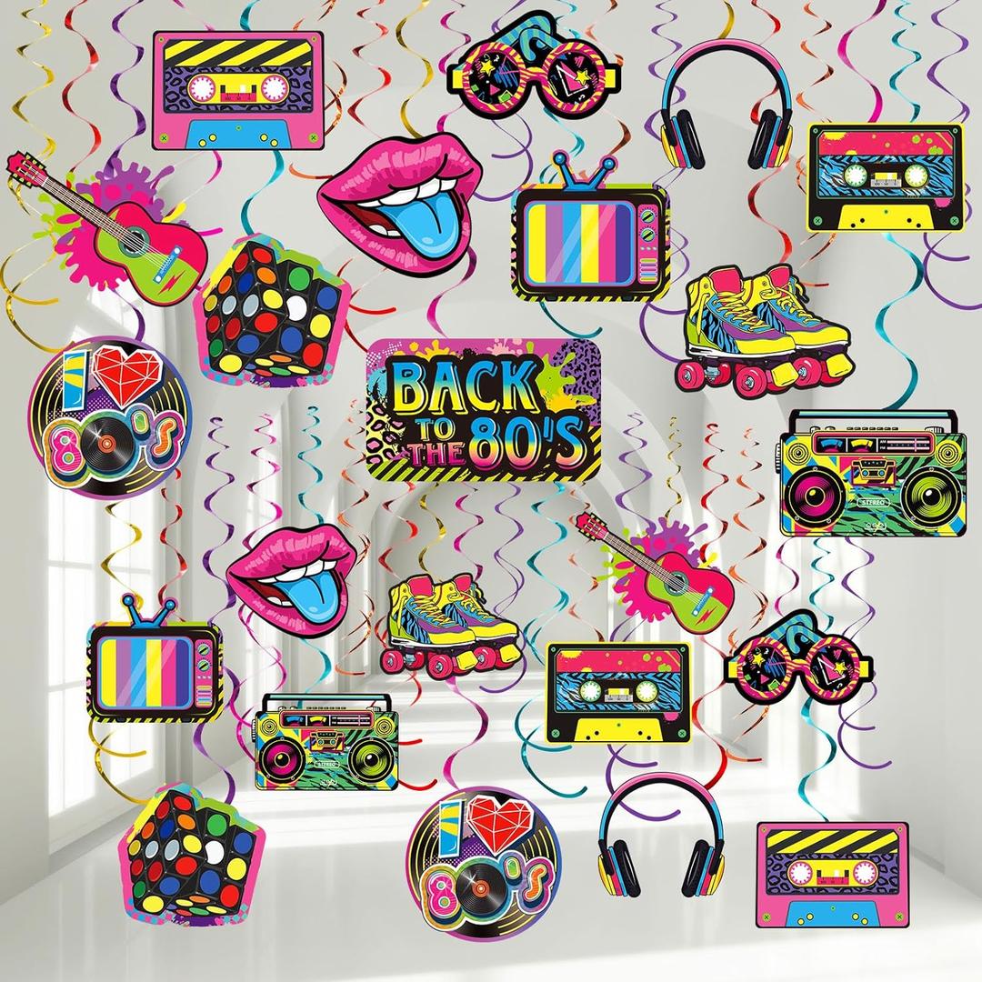 80s Style Banner Party Decorations, Retro 1980s Hip Hop Party Hanging Swirls Ceiling Decor for Adults Back to The 80s 1980s Throwback Birthday Neon Rock Hippie Supplies