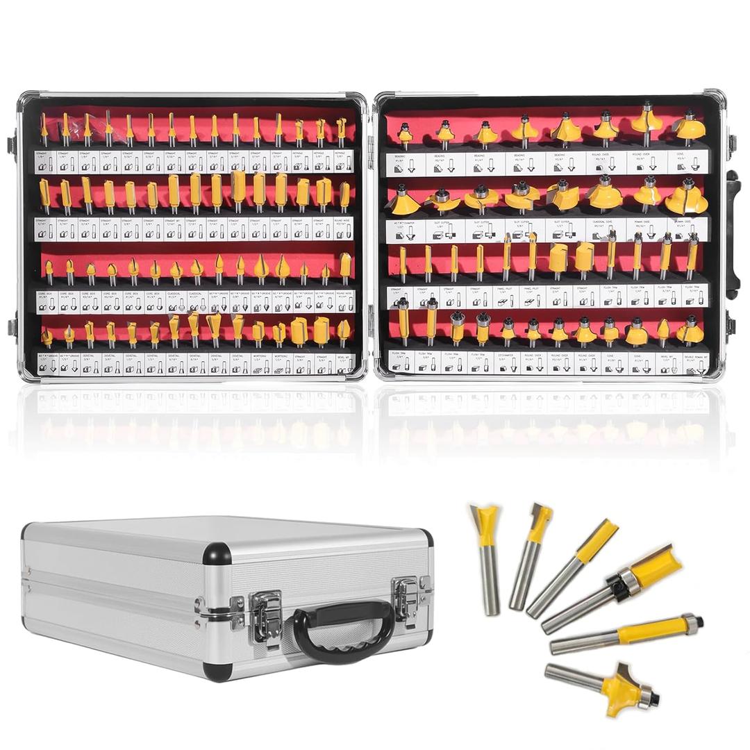 CATITO 100 Pieces Router Bits Set, 1/4" Shank Router Bit, Professional Woodworking Milling Cutter Set, Tungsten Carbide Milling Bit Kits for Professional Woodworking