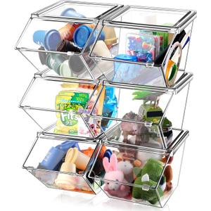 Yerliker 6 Pcs Clear Plastic Storage Bins with Lids Large Stackable Pantry Storage Organizer Bins Kitchen Organization Cabinet Organizers Ideal Containers for Fridge, Kitchen, Cabinets (Clear)