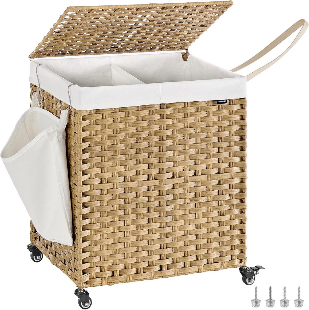SONGMICS Laundry Hamper with Lid, 38.3 Gallons (145 L), Rolling Laundry Basket with Wheels, 2-Section Synthetic Rattan, Removable Liner, Bedroom, 21.7 x 15.7 x 26 Inches, Natural Color ULCB262Y01