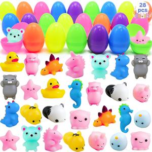 LUKBERA 28Pcs Easter Eggs with Mochi Squishy Toys, Mini Kawaii Animals Squishies Stress Relief for Kids Easter Egg Hunt Easter Basket Stuffers School Classroom Gifts