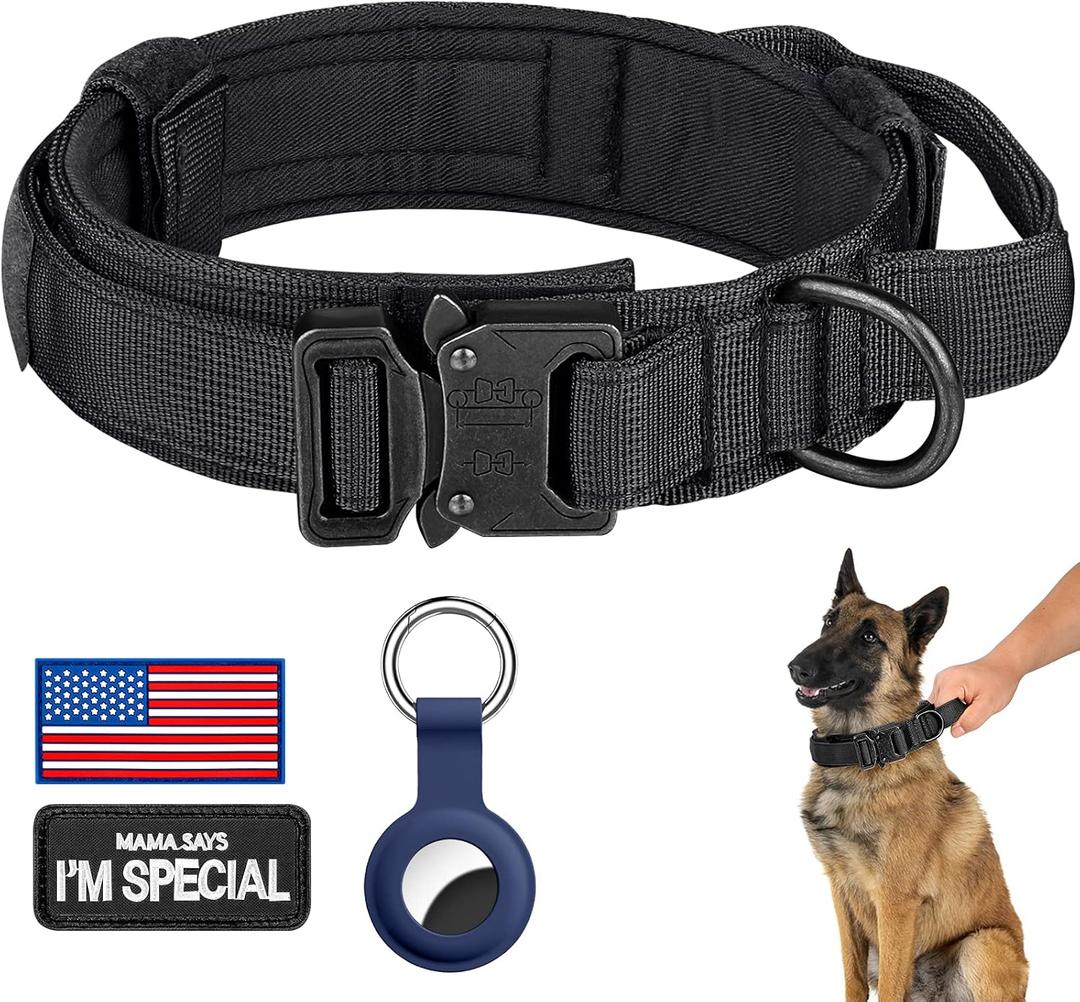 DAGANXI Tactical Dog Collar, Adjustable Military Training Nylon Dog Collar with Control Handle and Heavy Metal Buckle for Medium and Large Dogs, with Patches and Airtags Case (M, Black)