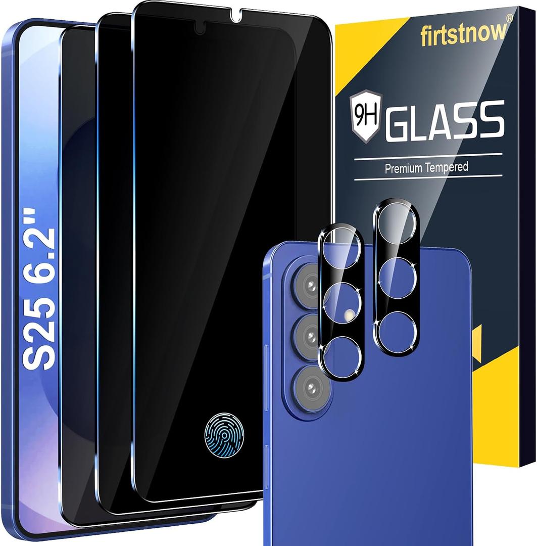 firtstnow 3 Pack Privacy Screen Protector for Samsung Galaxy S25 Tempered Glass + 2 Pack Camera Lens Protector, True 25Anti Spy, 9H+ Hardness, Fingerprint Unlock, Case Friendly Bubble-Free 6.2 Inch