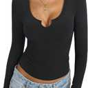 Womens Cotton Long Sleeve Tops Scoop Neck V Notch Shirts Y2K Low Cut Tshirt Fall Slim Fitted Basic Clothes 2026 (Medium, True Black)
