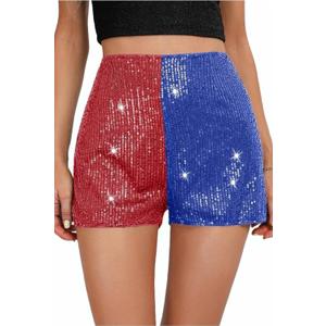 Sequin Shorts for Women, High Waisted Elastic Straight Leg Hot Pants, Party Concert Glitter Sparkle Rave Shorts (X-Small, Red & Blue)