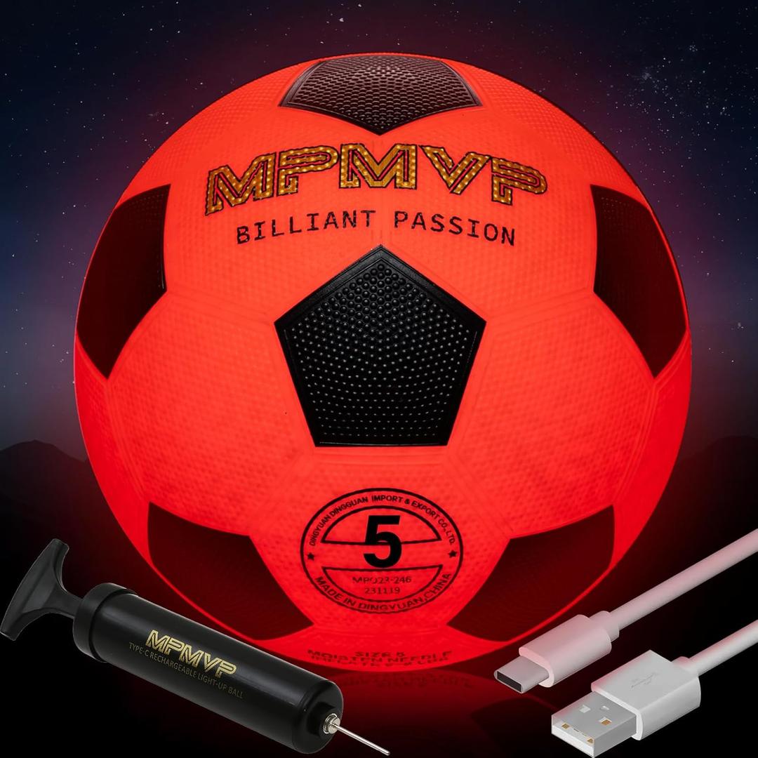 Glow in The Dark Soccer Ball - Water-Resistant, Official Size 5, Light Up with Every Kick, Includes Pump, Manual & Extra Batteries - Perfect Soccer Gifts for Kids and Teen Boys (Orange)
