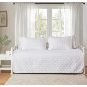 Hailea 3 Piece White Daybed Cover Twin Size Cozy Daybed Sets Bedding Double Sided Quilting Cover Set Geometric Print Bedspread Coverlet All Season for Twin Bed with 2 Standard Shams, White, 39"x75"