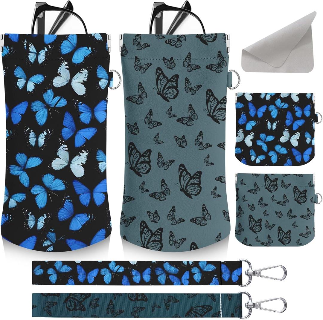 4PCS Eyeglass Sunglass Cases Pouch Soft PU Leather with Cleaning Cloth Cute Glasses Bag Coin Purse for Women Men Gifts (Butterfly)