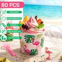 Remerry 60 Pack 6 oz Hawaiian Ice Cream Cups with Lids 100 Spoons Disposable Tropical Luau Ice Cream Bowls Flamingos Snack Cups Palm Leaf Bowls for Summer Birthday Flamingo Party Supply Decoration