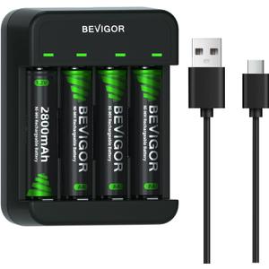 BEVIGOR Rechargeable AA Batteries with Charger, 2800mAh 4-Pack NiMH Double A Batteries with Smart 4 Bay USB Fast Charging Battery Charger for Ni-MH Ni-CD