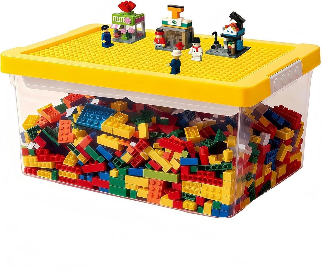 Toy Storage Organizer Bin for Lego, Plastic Organizer Box with Removable Tray and Building Baseplate Lid, Stackable Building Block Storage, Craft Storage Container for Lego Art, Toy, Tool, Sewing (Yellow)
