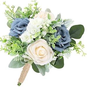 SEMONONIA 7 Inch Bridesmaid Bouquet Flowers - Artificial Bouquet for Bridesmaid Wedding Rustic Small Floral Centerpiece for Marriage Proposal Party Anniversary Dining Table Decor - Green & Dusty Blue 4 packs