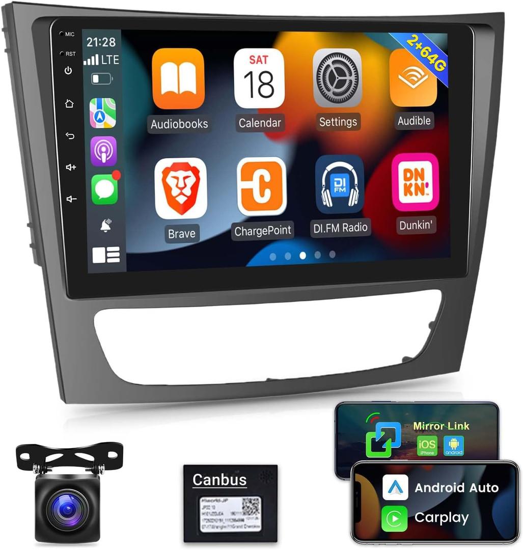 Car Radio for Mercedes Benz E Class W211 E200 CLS W219 2002-2009, [2G+64G] 9 inch Android 13 Touch Screen Car Stereo, Carplay/Android Auto/Bluetooth/WiFi +AHD Backup Camera+MIC
