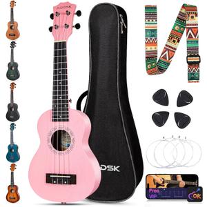 AODSK Soprano Pink Ukulele for Beginner 21 Inch Ukelele with Gig Bag Strap Nylon String 4 Picks Holiday Gift