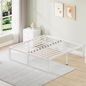 14 Inch Metal Full Size Bed Frame with Steel Support, Noise-Free | Easy Assembly, Underbed Storage, U-Shaped Groove, 6 Mattress Baffles, No Box Spring Needed, Rubber Pads, Squeak Free, White