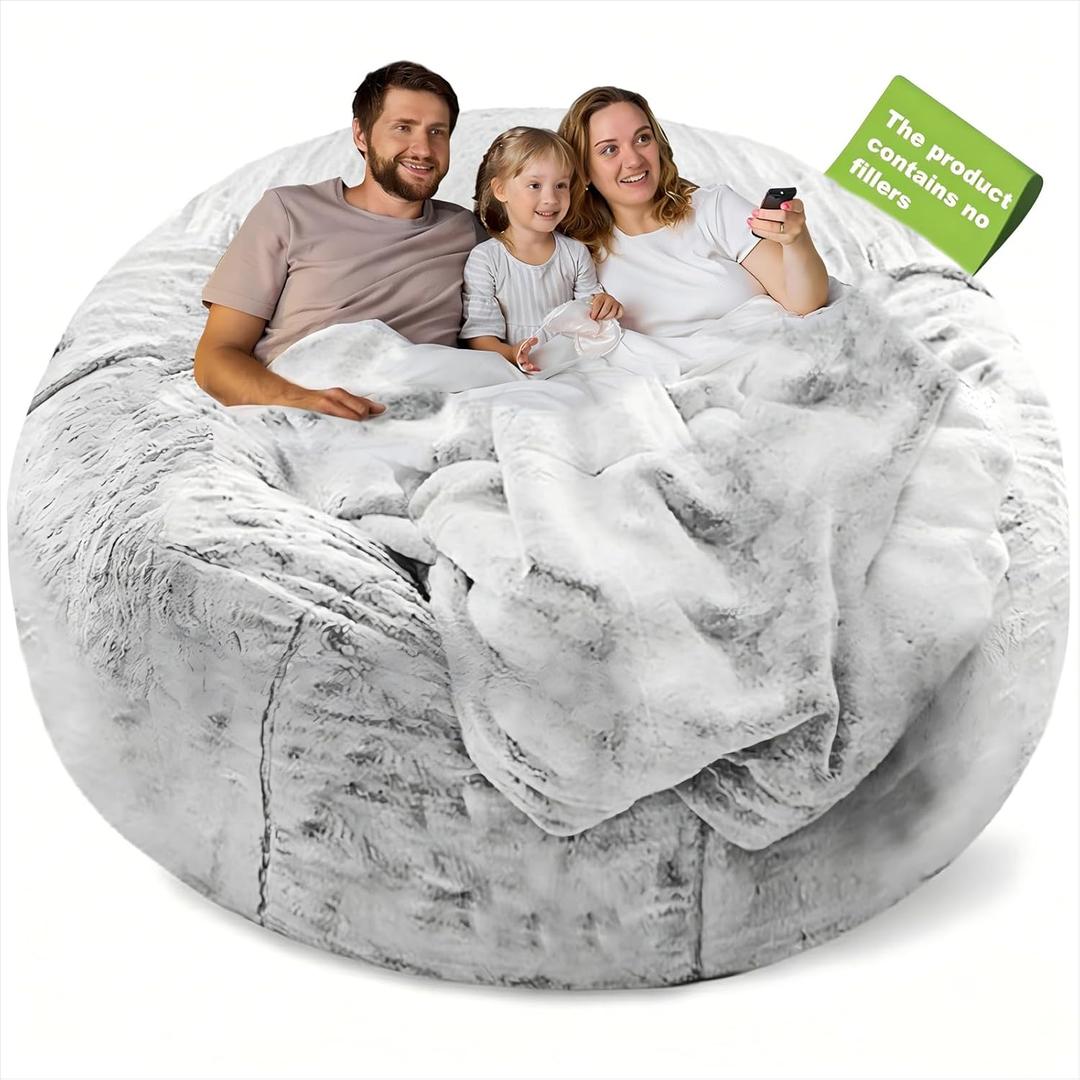 (No Filler Bean Bag Chair Cover Without Filler,Big Round Soft Fluffy PV Velvet Washable Bean Bag Lazy Sofa Bed Cover for Adults,Living Room Bedroom Furniture Outside,6ft Snow Grey