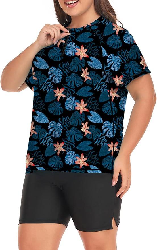 Inno Women's Plus Size 2 Piece Rash Guard Swimsuits Short Sleeve with Boyshorts UPF 50+ Surfing Swimwear, 3XL