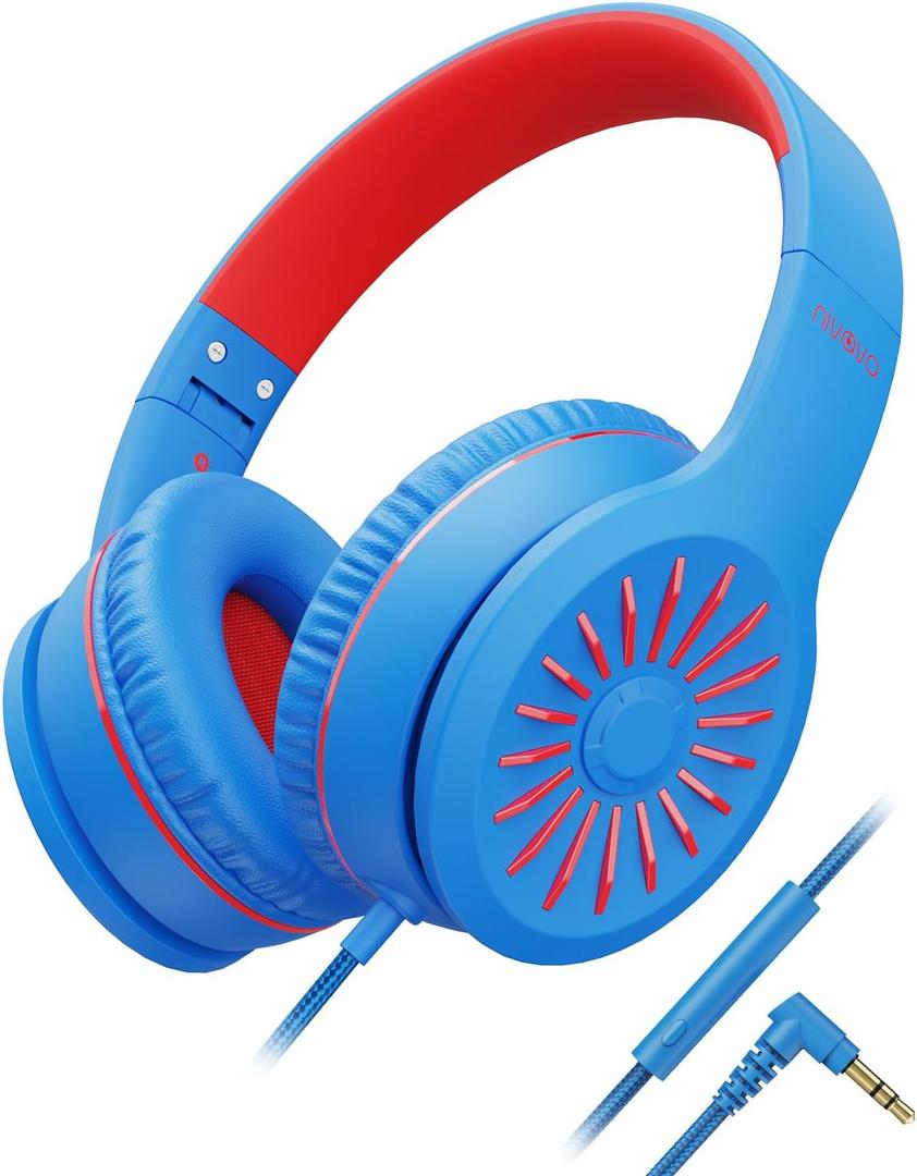 Wired Headphones with Microphone, K16 On-Ear Headphones for Kids with 3.5MM Jack, Foldable Stereo Bass Headphones for Teens School Amazon Kindle, Fire, Chromebook, Tablet(Black Red) (Light Blue Red)