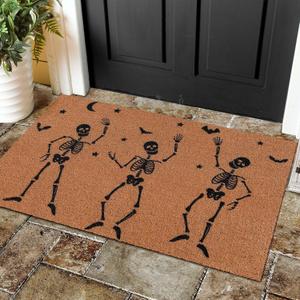 Halloween Dancing Skeleton Door Mat 17 x 29 Inch Farmhouse Imitation Coir Welcome Mats for Front Door Rustic Natural Door Mat Outside Cute Entrance Decoration for Front Door Porch Entryway