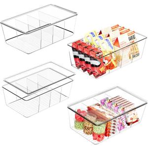 DCA 4 Pack Clear Food Storage Organizer Bin with Lid, 4 Compartment Pantry Organizer and Storage Container, Fridge Organizer, Ideal for Snacks, Packaged Foods, and Kitchen Shelves