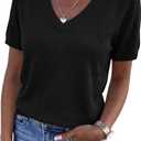 PRETTYGARDEN Womens Short Sleeve Sweaters V Neck Business Casual Tops Lightweight Sweater Shirts 2026 Summer Spring Outfits (Black, L)
