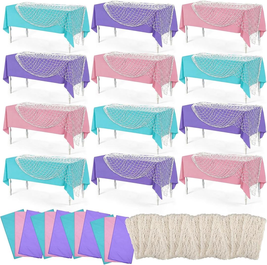 24 Pcs Fish Net and Tablecloth Set 3 Colors Ocean Waves Plastic Tablecloths and Cotton Fish Net Set for Nautical Baby Shower Pirate Mermaid Birthday Party Decorations, 54 x 108 Inch