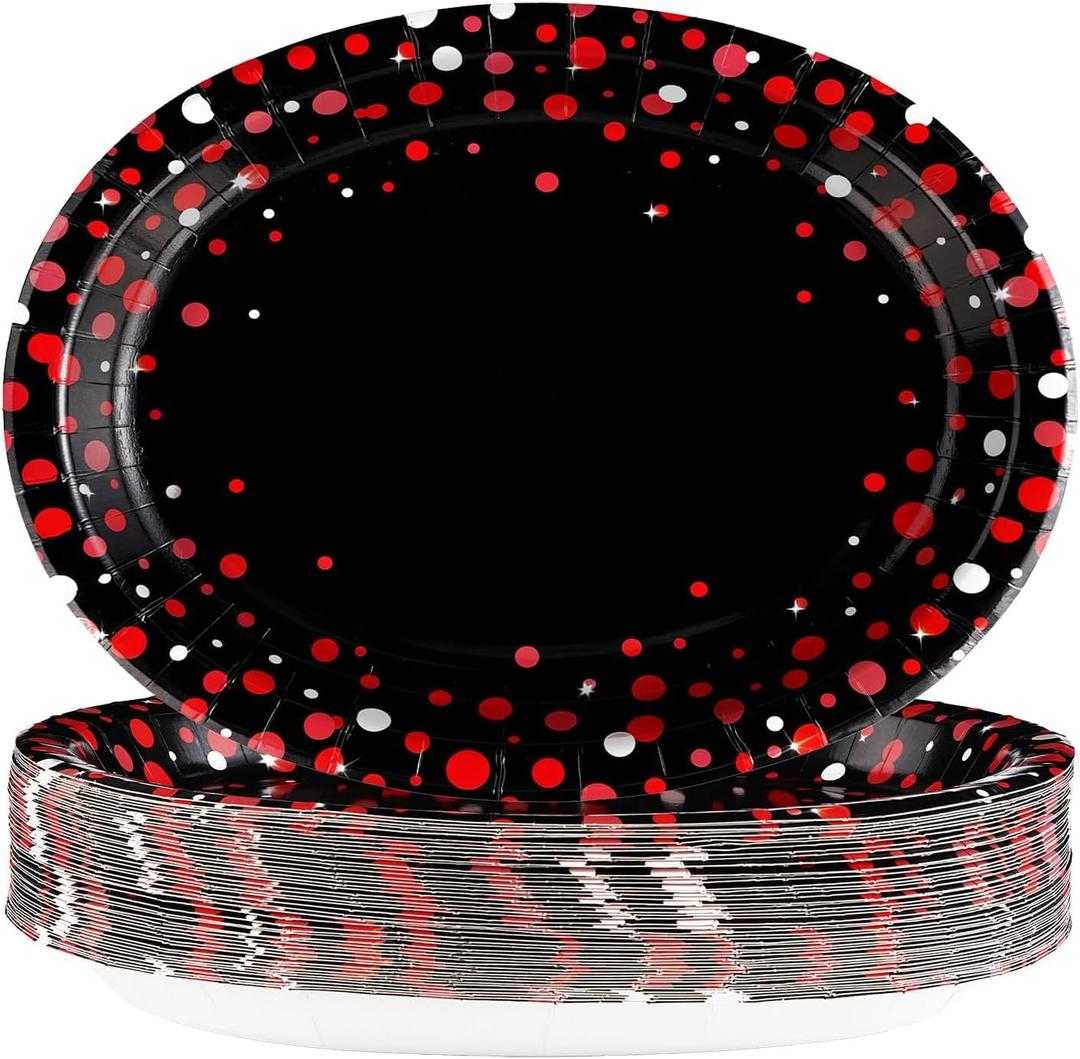 50 Pcs Black and Red Oval Plates 10" x 12" Large Graduation Party Plates Disposable Heavy Duty Red Dot on Black Paper Plates for Congrats Grad Holiday Fiesta Wedding Birthday Party Decorations