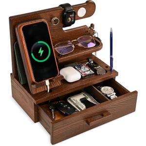 TESLYAR Wood Phone Docking Station with Drawer - Nightstand Organizer - Desk Organizer for Husband - Birthday Gifts for Men, Dad, Anniversary Idea, Key Holder Stand Watch & Accessories (Bourbon Brown)
