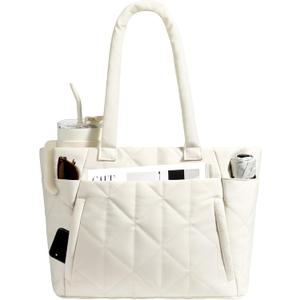 CHUNLI Laptop Tote Bag for Women 15.6 Inch, Quilted Work Shoulder Bag with Multiple Pockets & Luggage Strap for Office Travel (Beige)
