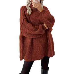 BTFBM Sweaters for Women Fall 2026 Long Sleeve Mock Neck Cable Knit Oversized Sweater Pullover Tops Thick Winter Clothes (X-Large, Rust Red)