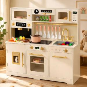 Wooden Play Kitchen for Toddler, Toy Kitchen Set for Kids Pretend with 41 Pcs Toy Food & Cookware Accessories, Kitchen Playset Gift for Boys and Girls Ages 3+, 43"l X 40"h