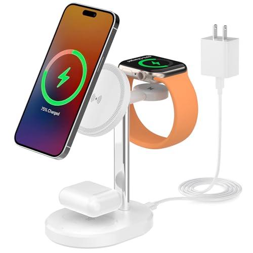 3 in 1 Wireless Charging Station, Detachable Apple Watch Charger & 15W Charger Stand for MagSafe for iPhone, Wireless Charger for Multiple Devices iPhone 16/15/14/13&Watch&AirPods（White）