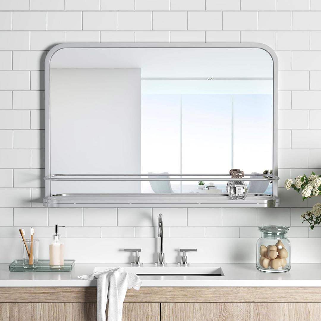 Silver Metal Framed Bathroom Mirror with Shelf 31.5x21.7 Inch Farmhouse Wall Mounted Vanity Mirror Modern Rectangle Matte Mirror for Bathroom Wall Anti-Rust