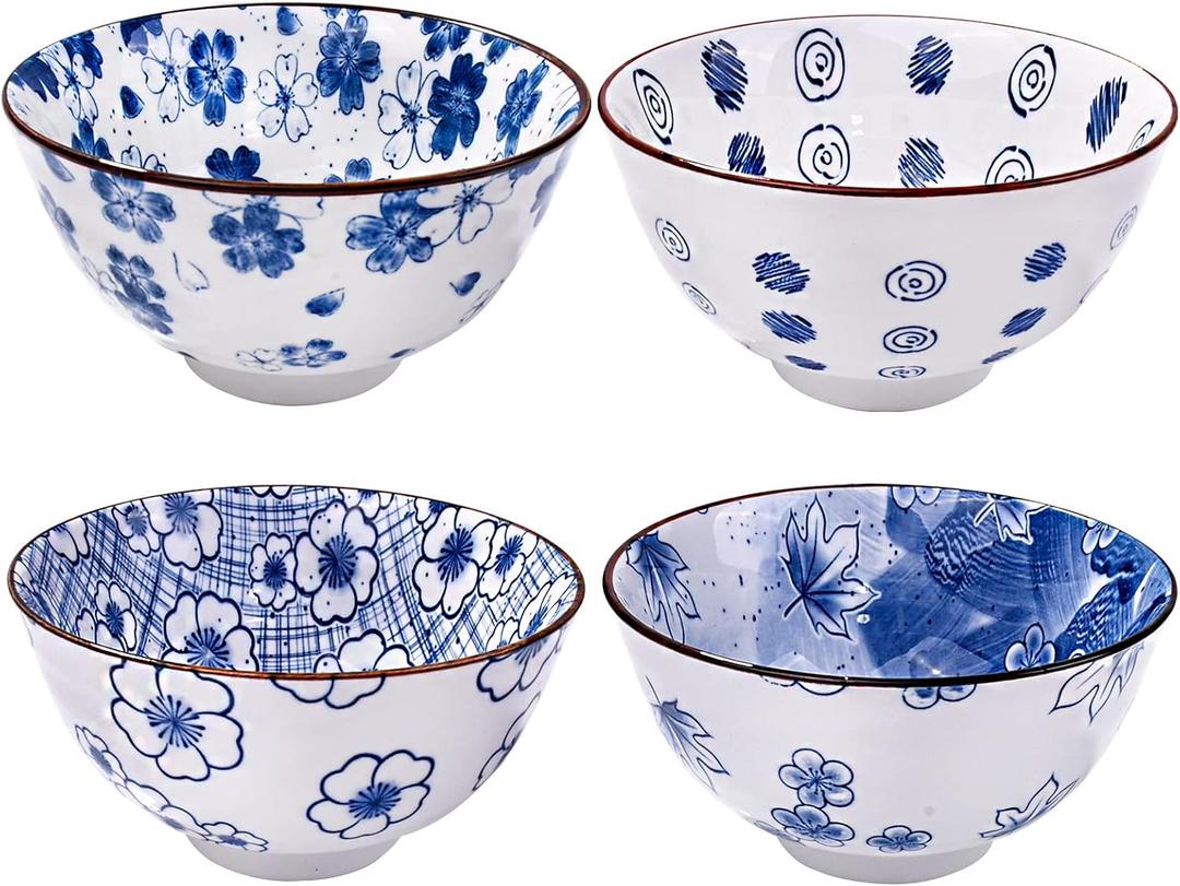 Ceramic Rice Bowls Set of 4 White and Blue Rice Bowls Porcelain Cereal Bowl Perfect for Soup Cereal Sushi Sauce Oatmeal Fruit Rice Microwave and Dishwasher Safe