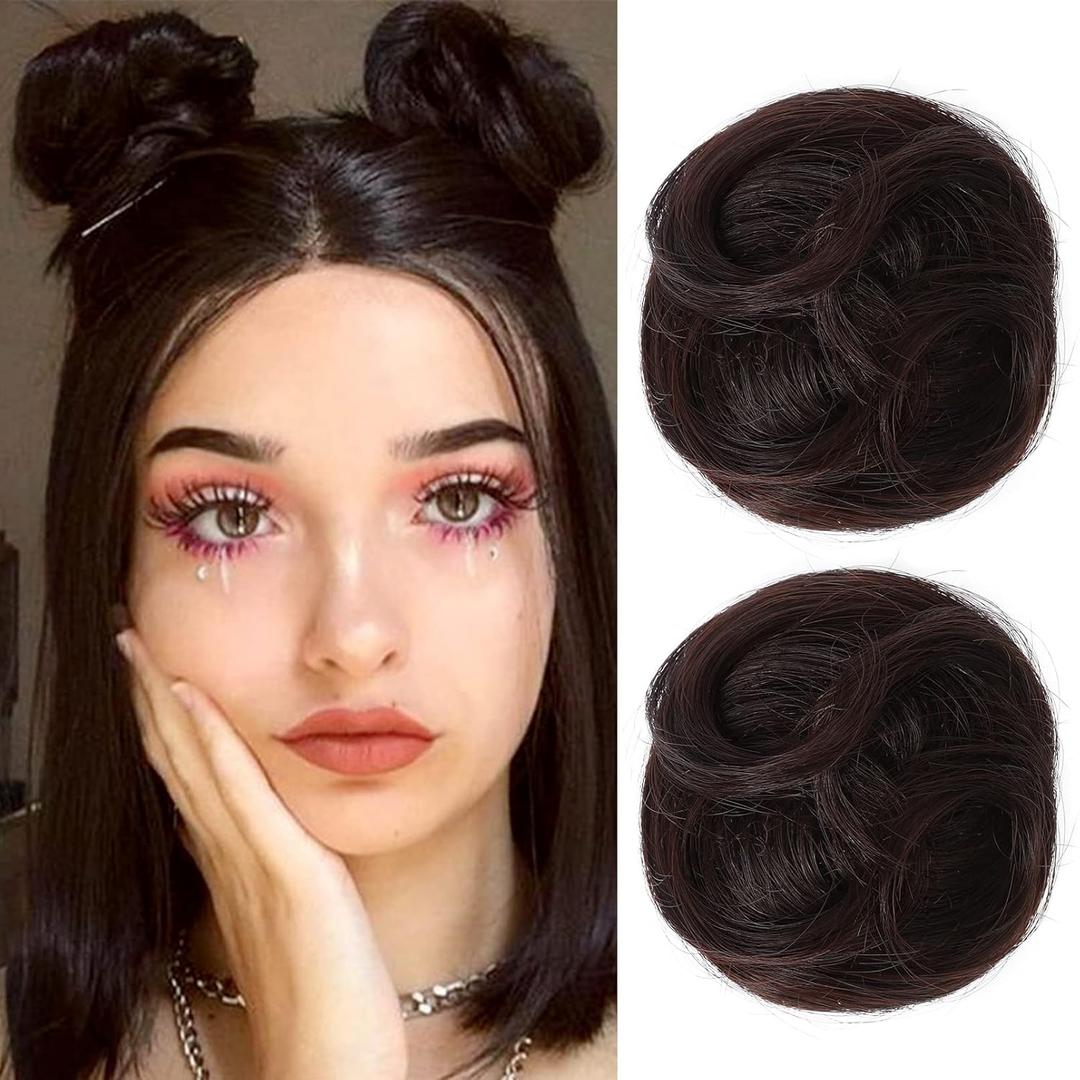 REECHO 2 PCS Mini Claw Clip in Messy & Cat Ears Hair Bun Extensions HB001 Wig Accessory Updo Hairpieces for Women (Pack of 2-3.5" Wavy, Dark Brown)