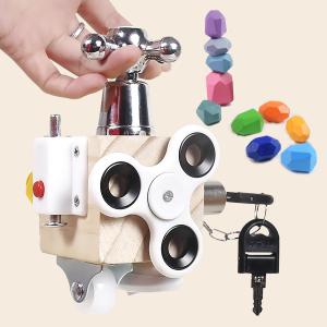 Busy Cube Montessori Lock and Key Toy Set for Toddlers Kids Sensory Wooden Activity Busy Board with 10 Sorting Stacking Rocks Stones Educational Activities Travel Toy Kids Gifts for Birthday Festivals