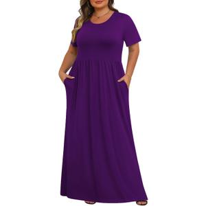 Tencede Womens Plus Size Maxi Dresses Summer 2025 Casual Short Sleeve with Pockets Long Dress 1X-5X (3X-Large, Dark Purple)