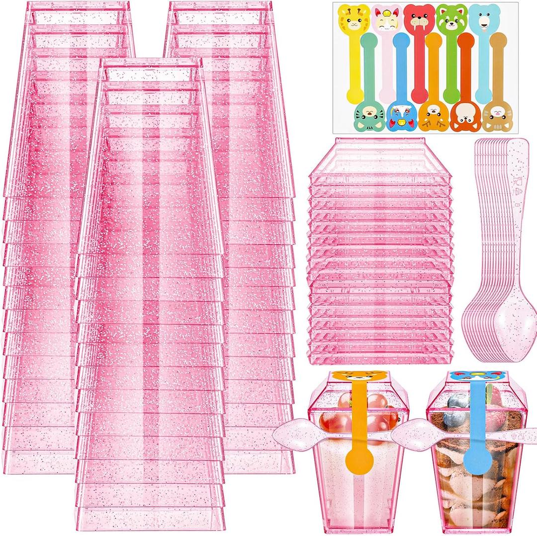 Dandat 100 Pack 5oz Glitter Plastic Dessert Cups with Spoons and Lids Glitter Square Dessert Shooters Disposable Appetizer Parfait Pudding Cups with 100 Stickers for Serving Tasting(Pink)