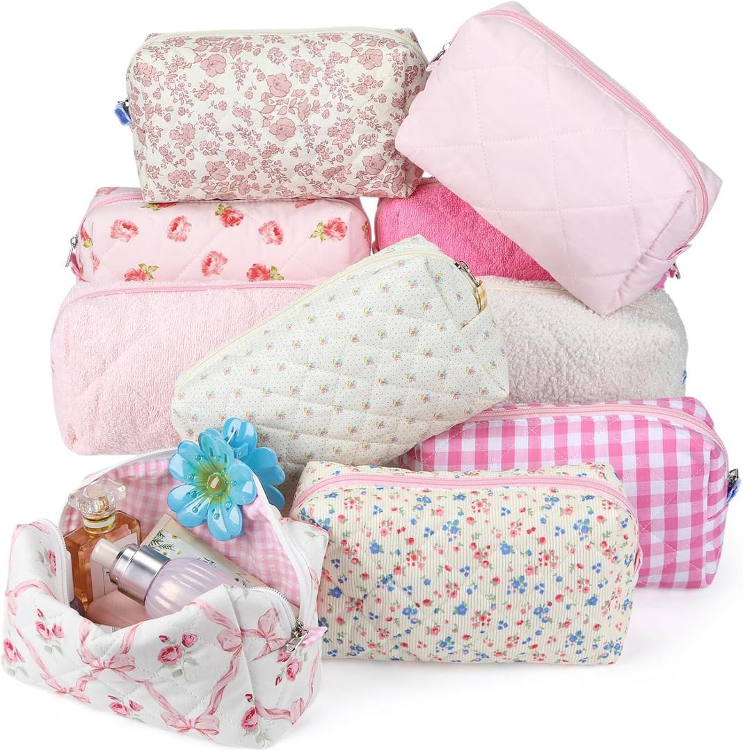 Paterr 10 Pcs Quilted Makeup Bag Bulk Cotton Floral Cosmetic Bag Women Girls Bridesmaid Gifts Cute Makeup Pouch Coquette Aesthetic Travel Toiletry Organizer(Pink Floral,7.87 x 4.72 x 3.15 Inches)