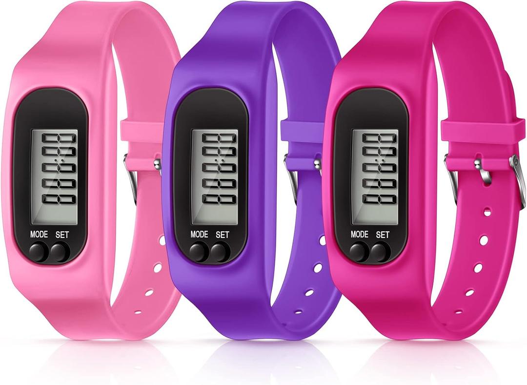 Silicone Fitness Tracker Watch 3 Pcs Walking Running Pedometer Calorie Burning and Step Counting Bracelet Steps Pedometer Watch for Walking Men Women Kids (Pink, Purple, Rose)