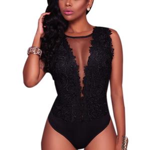 RARITYUS Women Sexy Lace Bodysuit Jumpsuit See Through Mesh Sleeveless/Long Sleeve Tops Swimsuit for Party Outfit (Large, A Black Backless)
