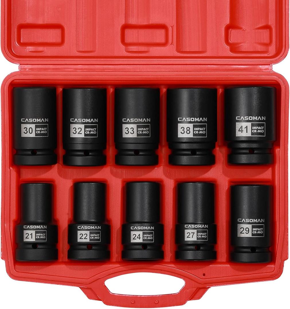 CASOMAN 10PCS 1-Inch Drive Deep Impact Socket Set, Metric, CR-MO, 21,22,24,27,29,30,32,33,38,41mm, Deep Spindle Axle Nut Impact Socket Set