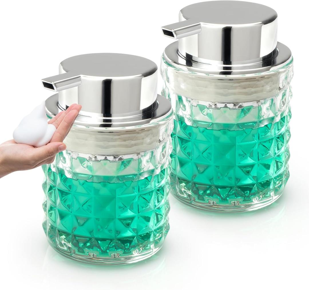 Soap Dispenser with Foam Pump Hand Lotion Dispenser Glass Antislip Shampoo Bathroom Kitchen 9oz, 2 Pack