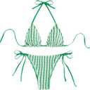 Women's Striped Halter Bathing Suit High Waisted Triangle Colorblock Swimsuit Bikini Set (Medium, Green)