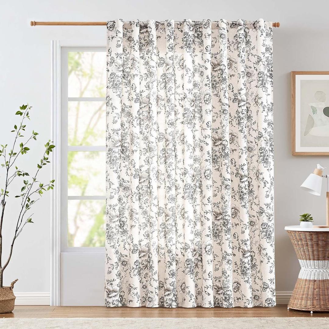 jinchan Linen Floral Curtains Extra Wide for Patio Sliding Glass Door Room Divider Curtain for Living Room 90 Inch Length Farmhouse Peony Black Printed Curtain Set 1 Panel