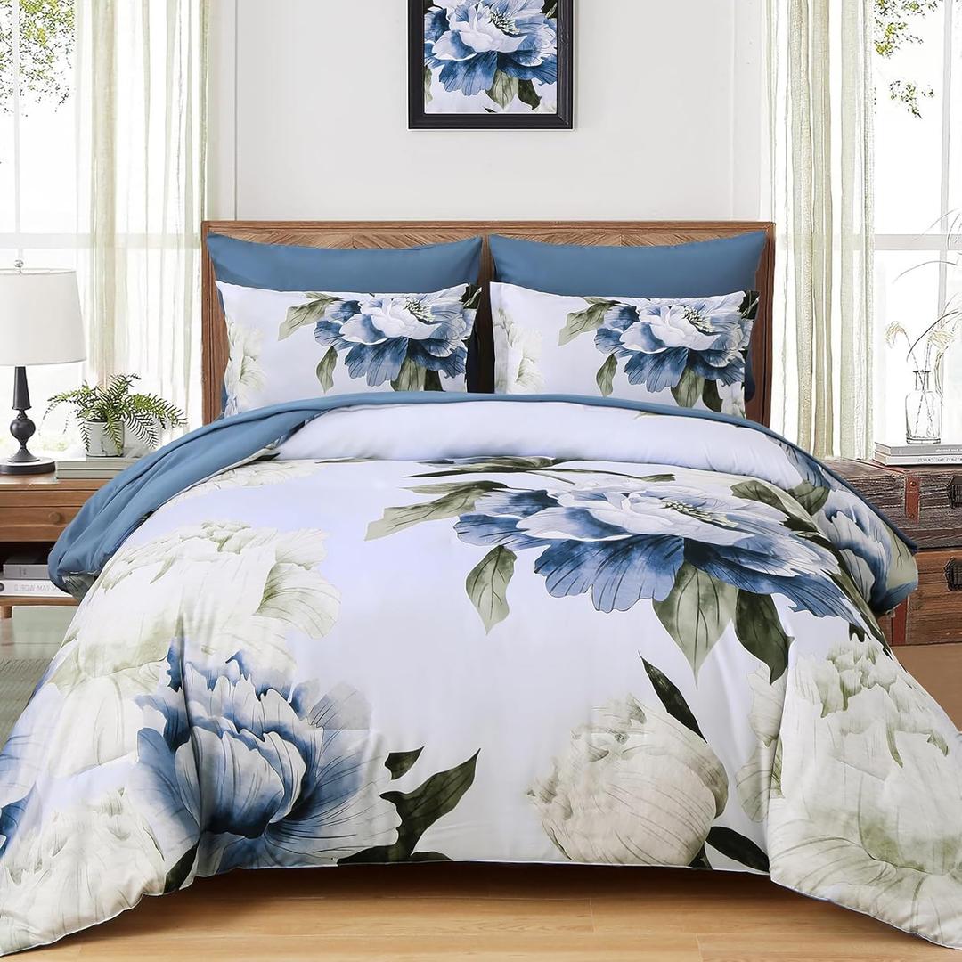 Dobuyly California King Comforter Set 7 Piece Bed in a Bag, Blue Floral Printed on Light Blue Cal King Comforter Set with Sheets, Soft Microfiber Botanical Complete Bedding Set for All Season
