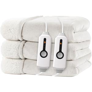 RALYSUN Electric Heated Blanket Queen Size 84"x90" - Dual-Sided with Microplush & Sherpa Fabric, 4 Heat Settings & 10 Hours Auto Off, Dual Controller, Machine Washable - White (05-lvory)