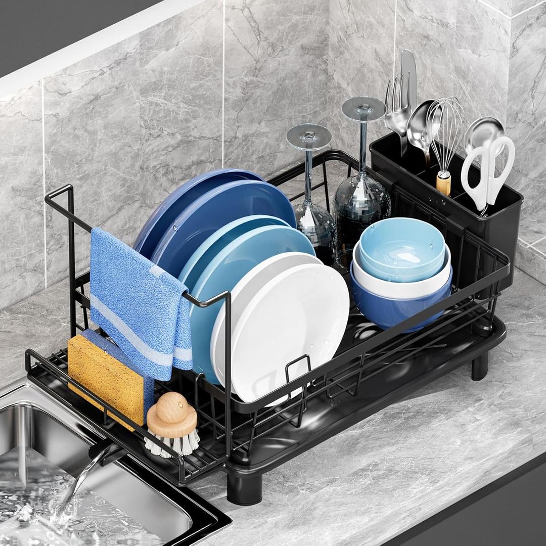 Dish Drying Rack, Compact Dish Racks for Kitchen Counter with Sponge Rack, Space-Saving Dish Drainer Drying Rack with Drainboard, Utensil Holder, and Automatic Drainage Drainboard, Black